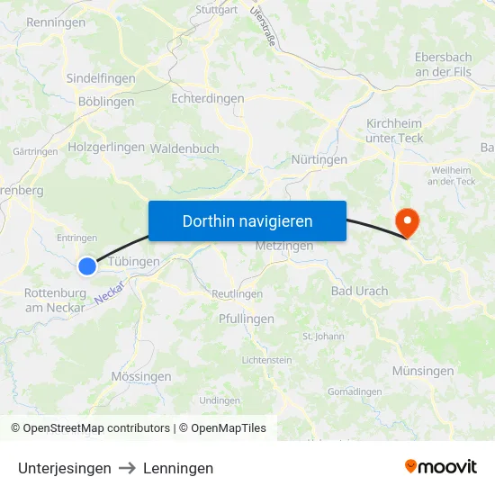 Unterjesingen to Lenningen map