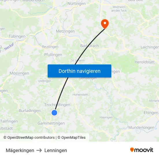 Mägerkingen to Lenningen map