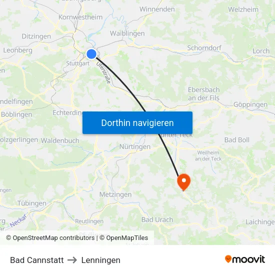 Bad Cannstatt to Lenningen map
