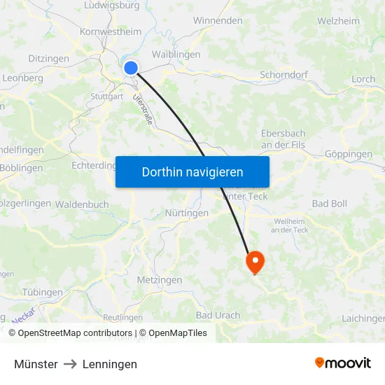 Münster to Lenningen map