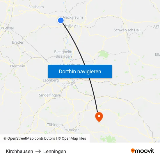 Kirchhausen to Lenningen map