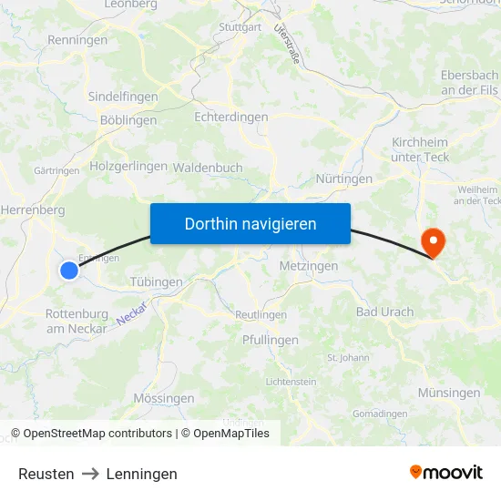 Reusten to Lenningen map