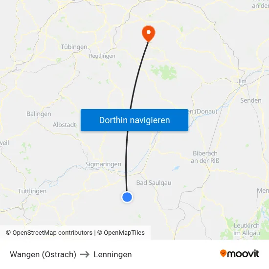 Wangen (Ostrach) to Lenningen map