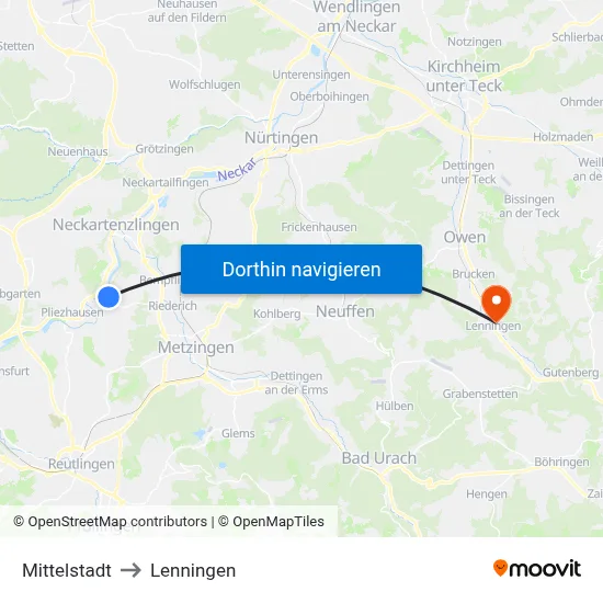 Mittelstadt to Lenningen map