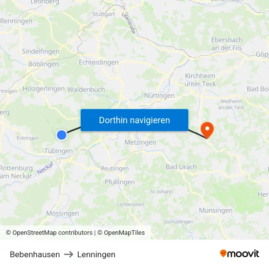 Bebenhausen to Lenningen map