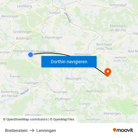 Breitenstein to Lenningen map