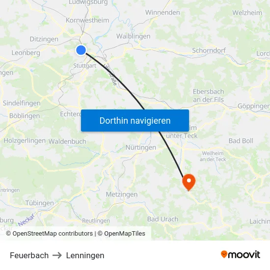 Feuerbach to Lenningen map