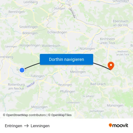 Entringen to Lenningen map