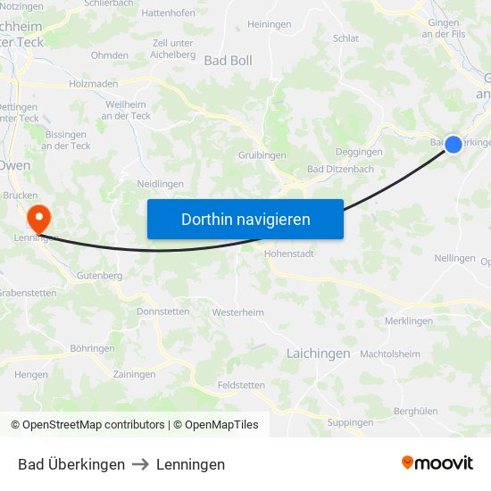 Bad Überkingen to Lenningen map