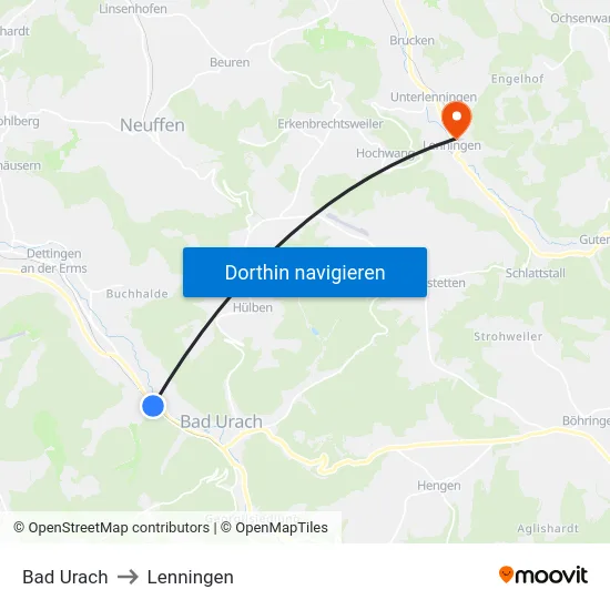 Bad Urach to Lenningen map