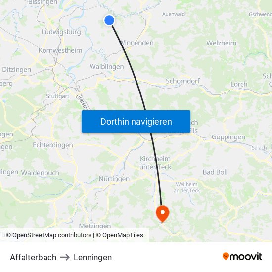 Affalterbach to Lenningen map