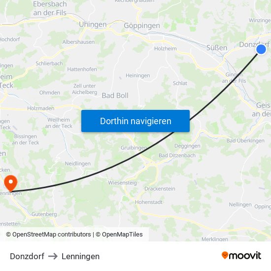 Donzdorf to Lenningen map