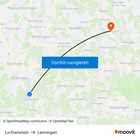 Lichtenstein to Lenningen map