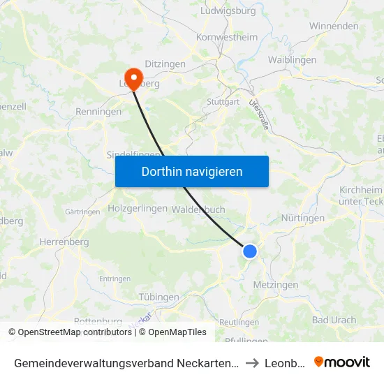 Gemeindeverwaltungsverband Neckartenzlingen to Leonberg map