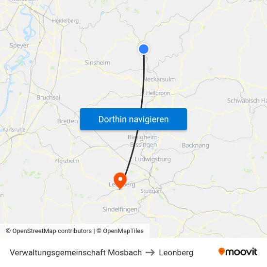 Verwaltungsgemeinschaft Mosbach to Leonberg map