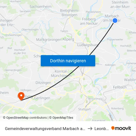 Gemeindeverwaltungsverband Marbach am Neckar to Leonberg map