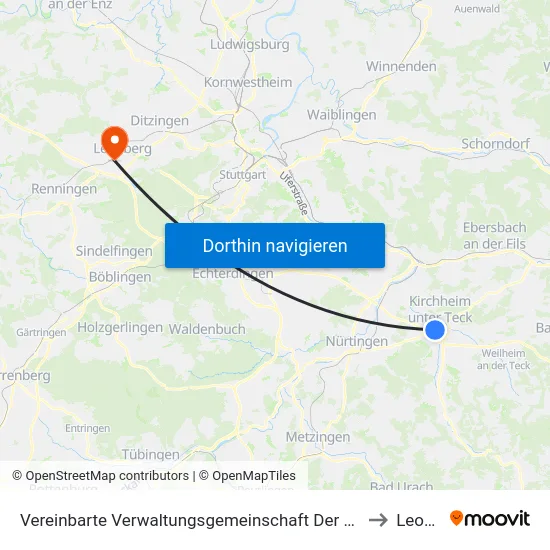 Vereinbarte Verwaltungsgemeinschaft Der Stadt Kirchheim Unter Teck to Leonberg map