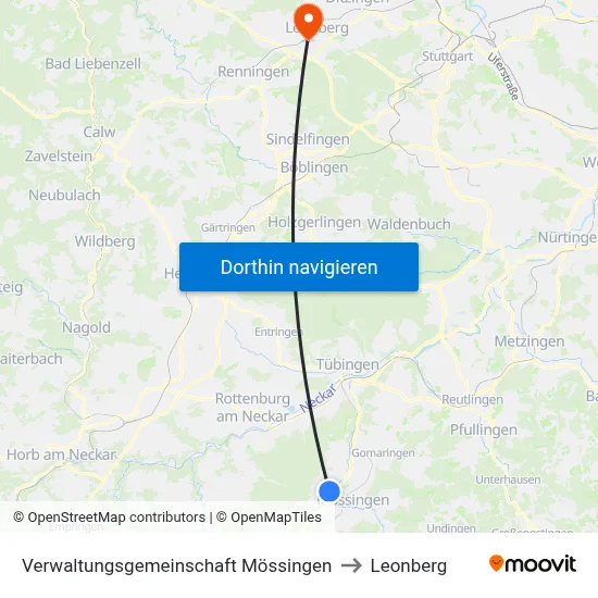 Verwaltungsgemeinschaft Mössingen to Leonberg map