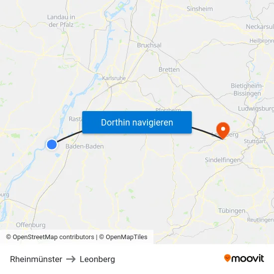 Rheinmünster to Leonberg map