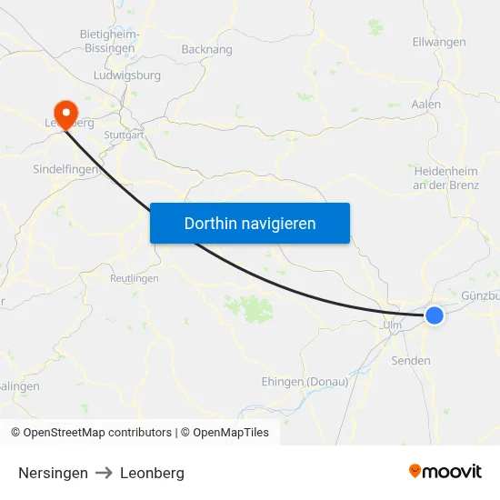 Nersingen to Leonberg map
