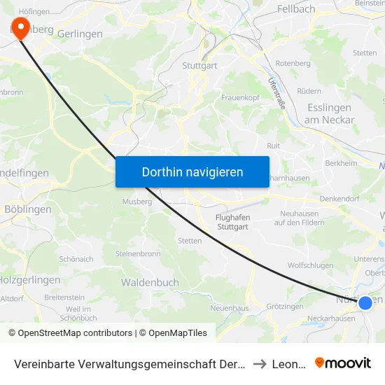 Vereinbarte Verwaltungsgemeinschaft Der Stadt Nürtingen to Leonberg map