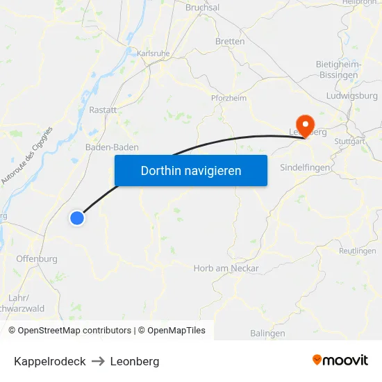 Kappelrodeck to Leonberg map