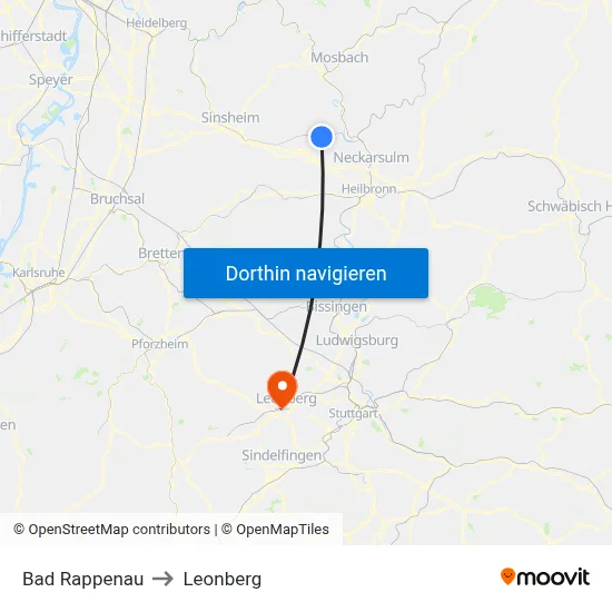 Bad Rappenau to Leonberg map