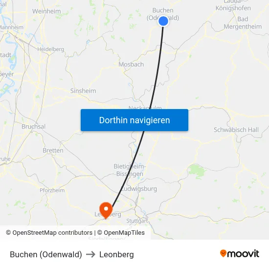 Buchen (Odenwald) to Leonberg map