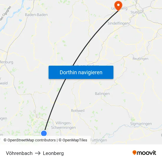 Vöhrenbach to Leonberg map