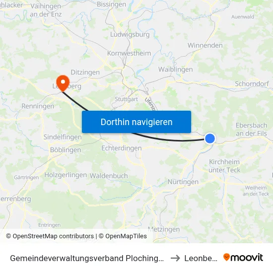 Gemeindeverwaltungsverband Plochingen to Leonberg map