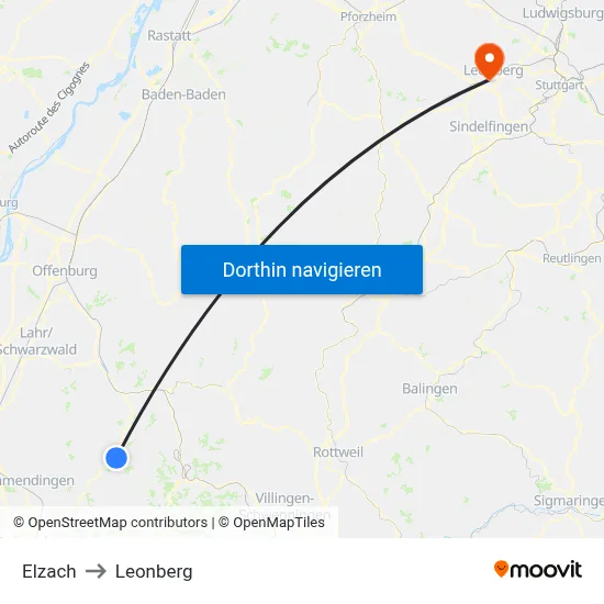 Elzach to Leonberg map