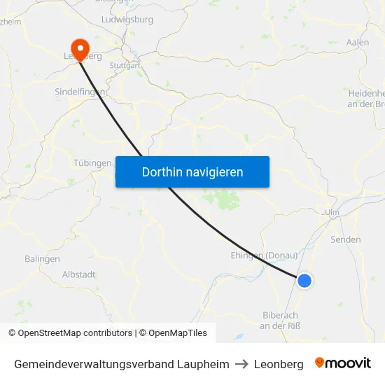 Gemeindeverwaltungsverband Laupheim to Leonberg map