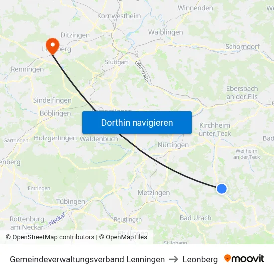 Gemeindeverwaltungsverband Lenningen to Leonberg map