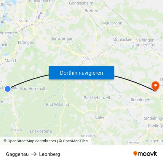 Gaggenau to Leonberg map