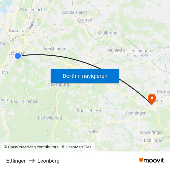 Ettlingen to Leonberg map