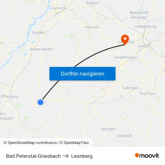Bad Peterstal-Griesbach to Leonberg map
