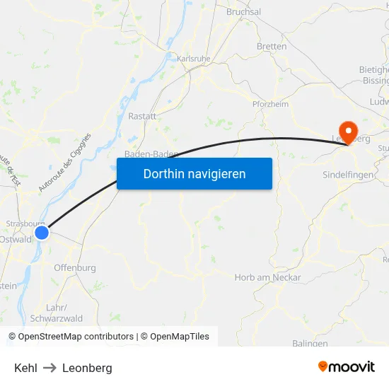 Kehl to Leonberg map