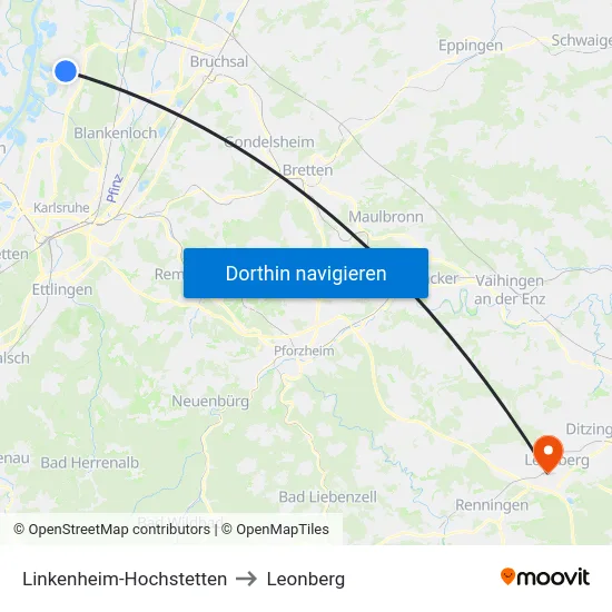 Linkenheim-Hochstetten to Leonberg map