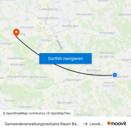 Gemeindeverwaltungsverband Raum Bad Boll to Leonberg map