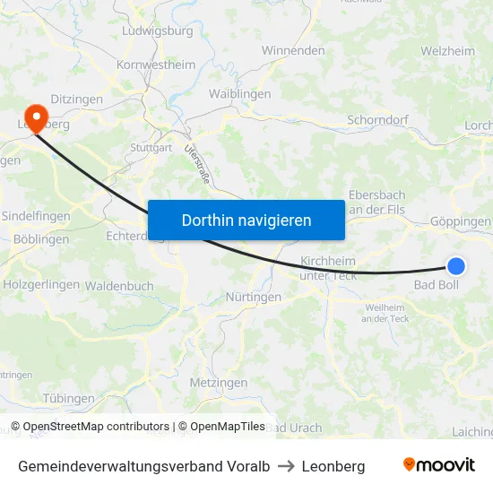 Gemeindeverwaltungsverband Voralb to Leonberg map
