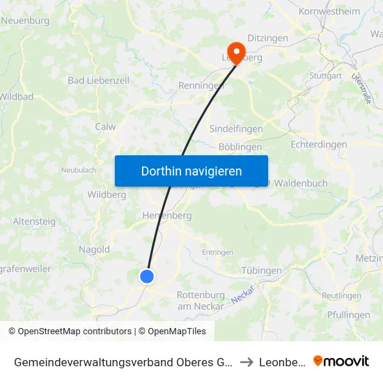 Gemeindeverwaltungsverband Oberes Gäu to Leonberg map