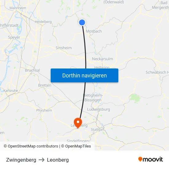 Zwingenberg to Leonberg map