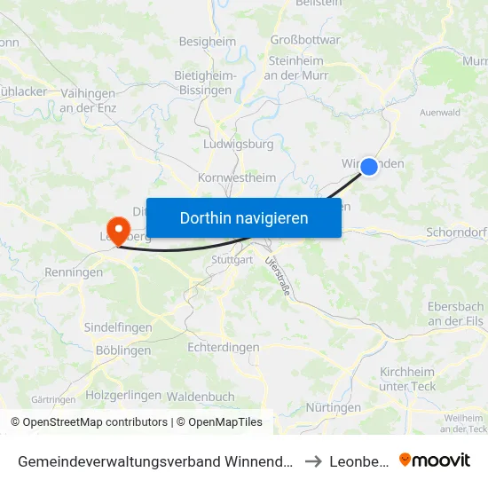 Gemeindeverwaltungsverband Winnenden to Leonberg map