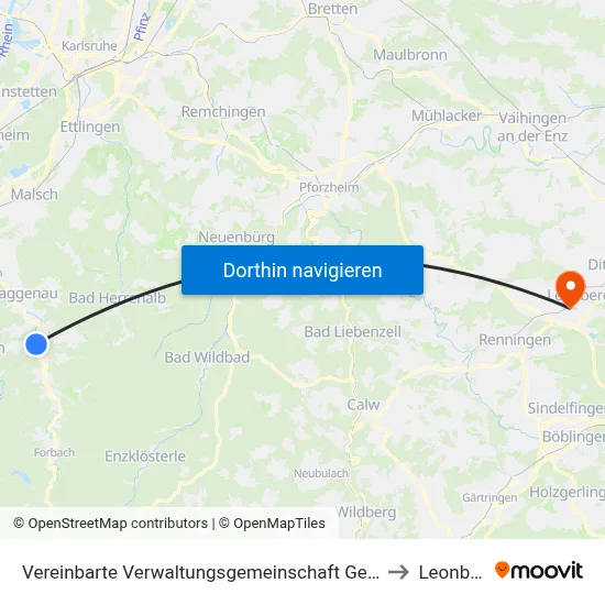 Vereinbarte Verwaltungsgemeinschaft Gernsbach to Leonberg map