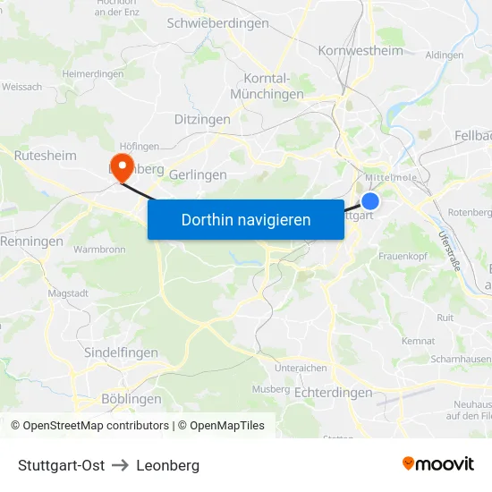 Stuttgart-Ost to Leonberg map