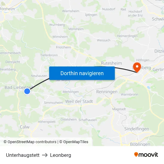 Unterhaugstett to Leonberg map