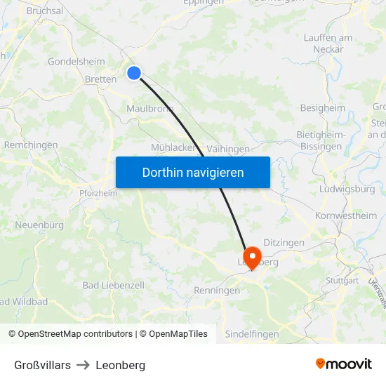 Großvillars to Leonberg map