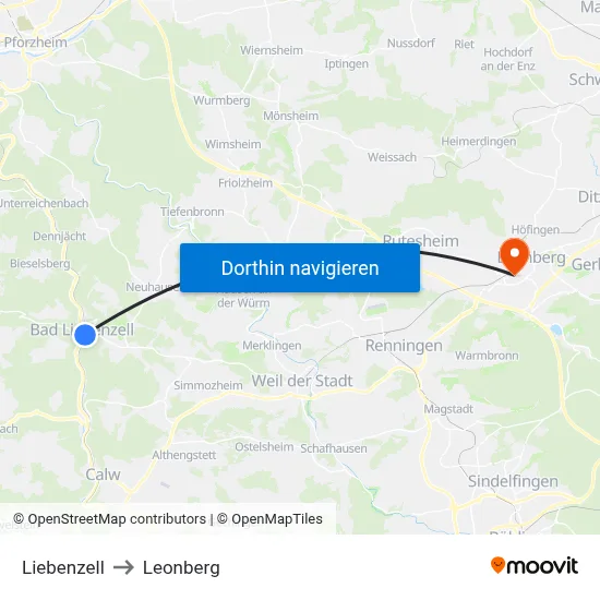 Liebenzell to Leonberg map