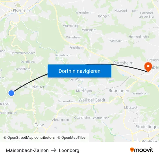 Maisenbach-Zainen to Leonberg map