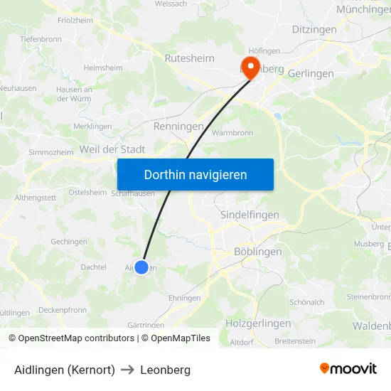 Aidlingen (Kernort) to Leonberg map